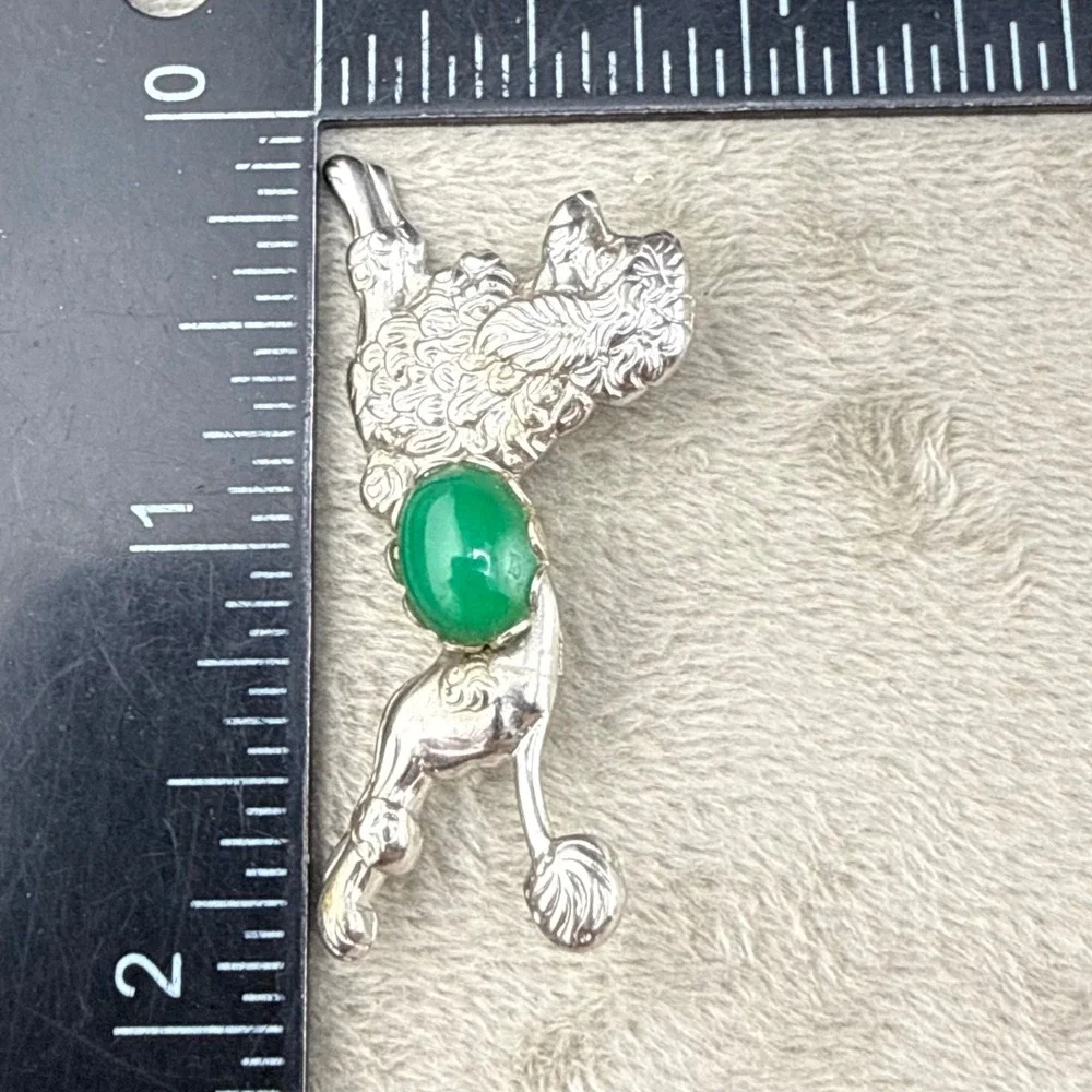 Vintage Poodle‎ Brooch Dog Green Jelly Belly Silver Tone